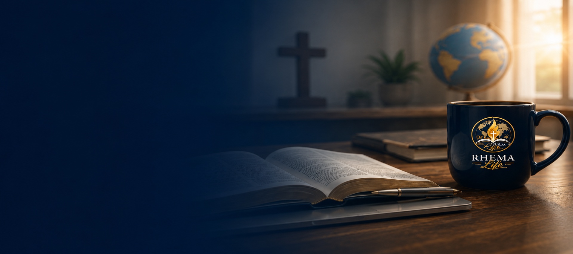 Open Bible, Rhema Life mug, cross, and globe on a warmly lit desk
