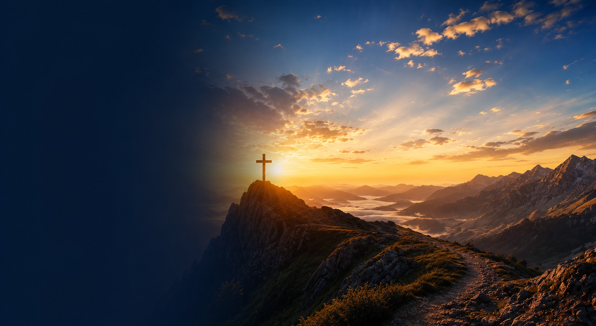 Sunrise over mountains with a cross overlooking the horizon
