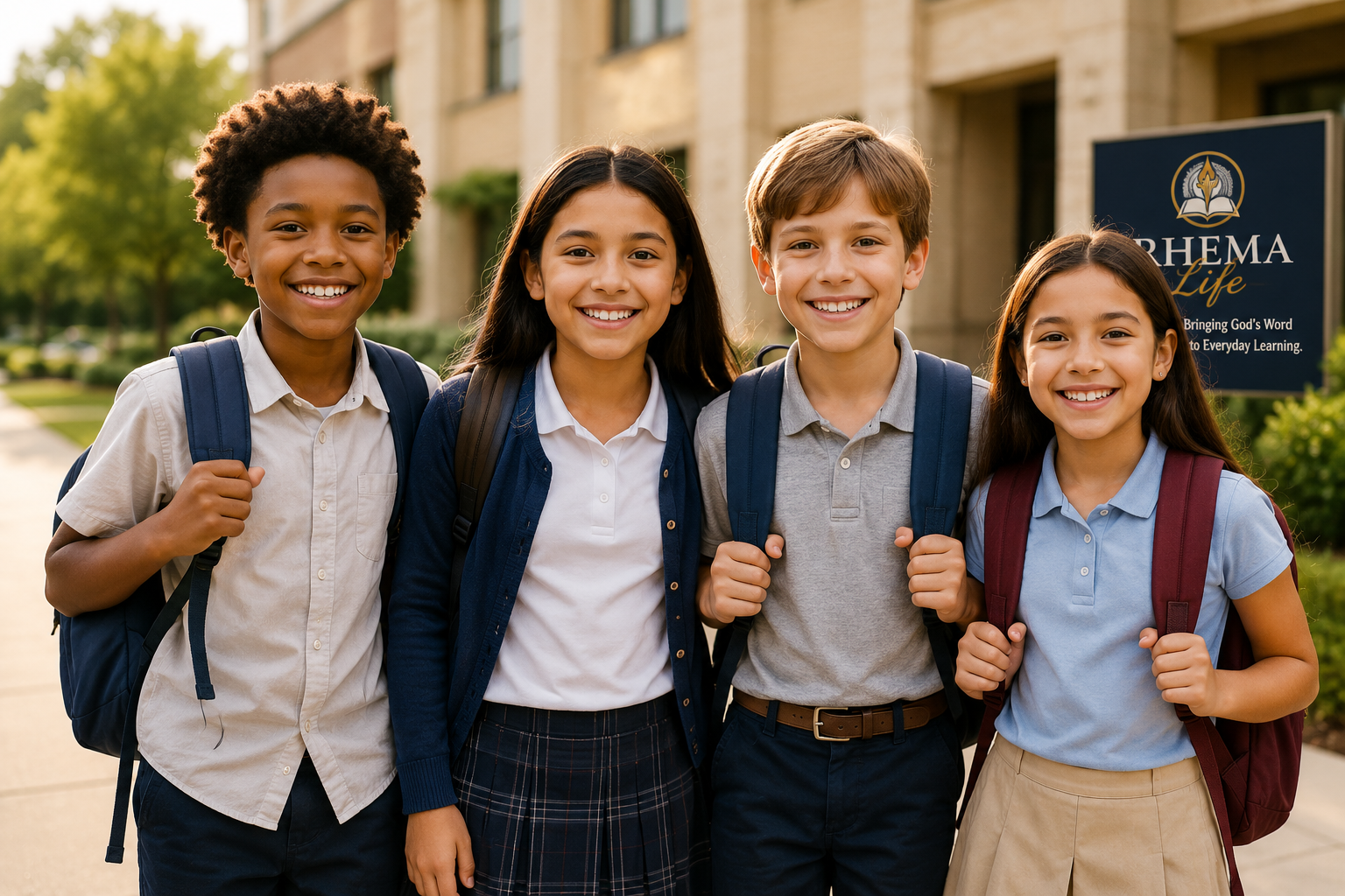 Students smiling together outside their school